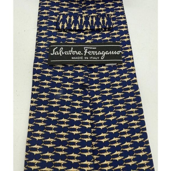 Salvatore Ferragamo Harbour Fish Shark Geometric Blue Necktie Made in Italy - Picture 3 of 6